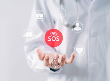 Doctor holding calling SOS Emergency icon, call phone, Emergency application from smartphone service 24 hr. hospital service on site for help.